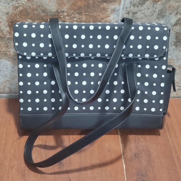 Black and White Polka Dot Padded Computer Tote Bag Cellphone Pocket - Picture 14 of 14